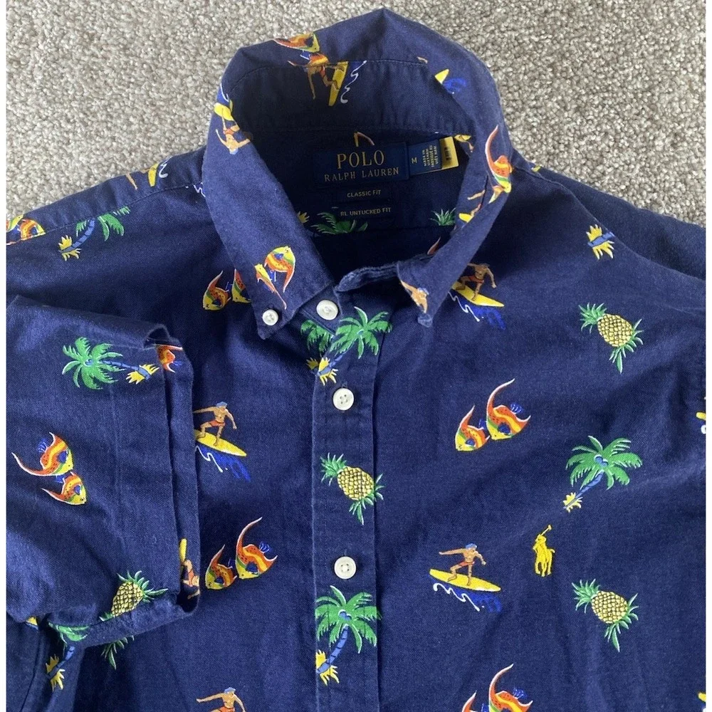 Polo Ralph Lauren Classic Untucked Fit Mens M Blue Surfer Pineapple Pony Print